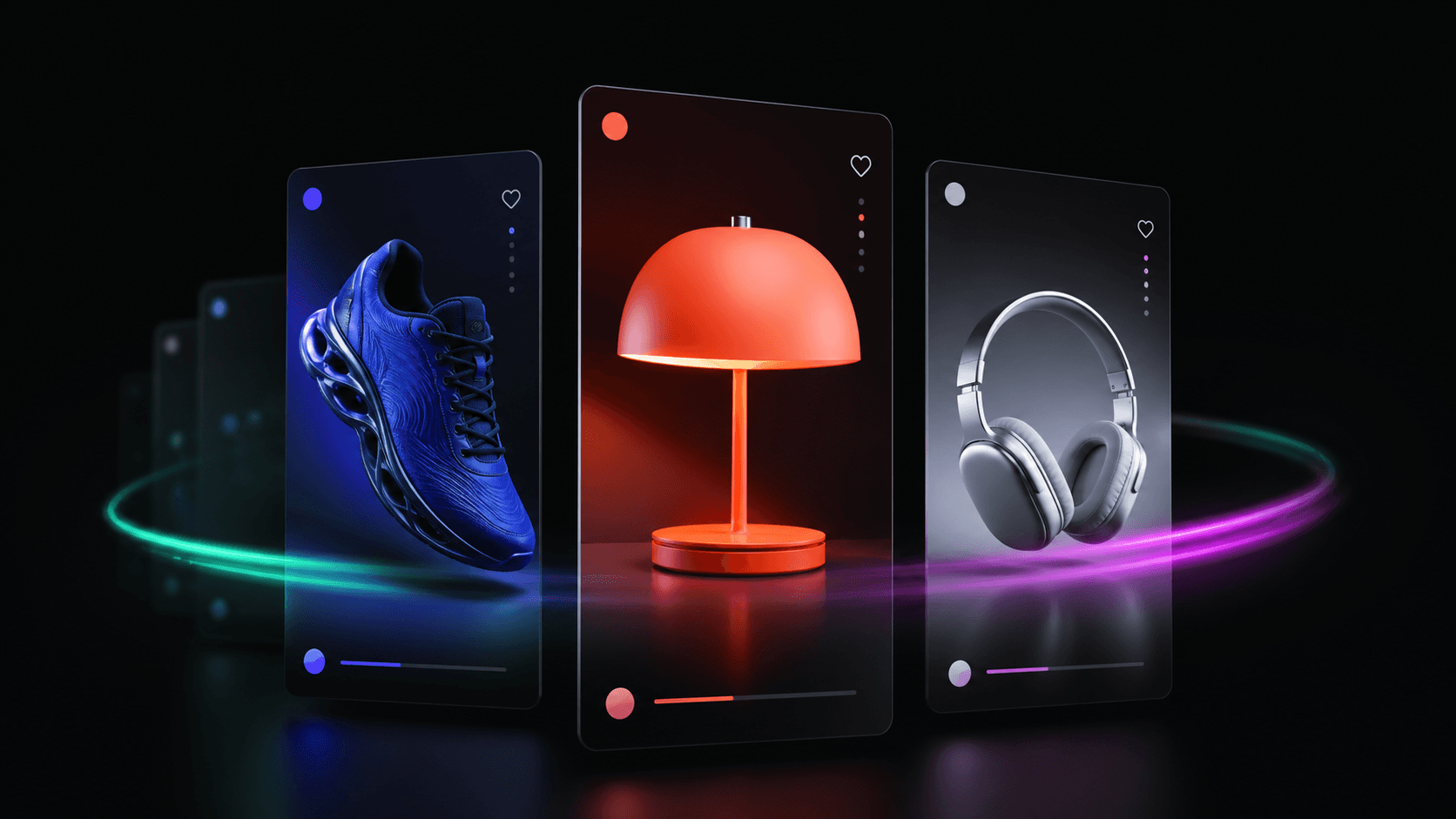 Three shoppable product video cards featuring a sneaker, lamp and headphones